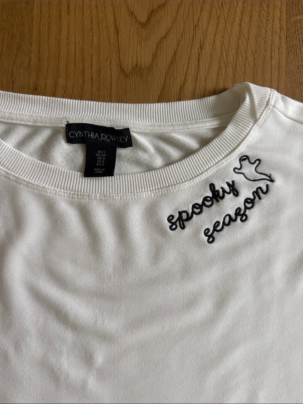 Cynthia Rowley White Crewneck Sweater with Black 'Spooky Season' Embroidery